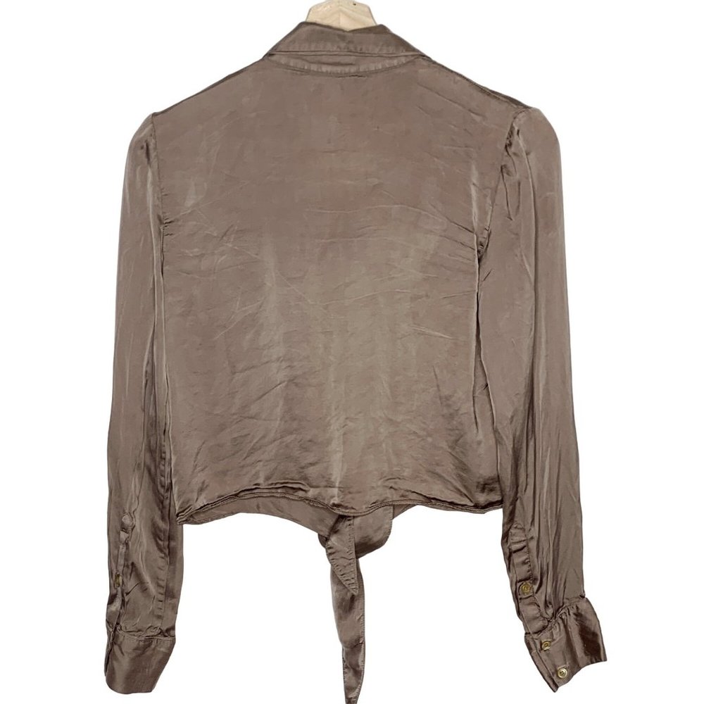 Wilfred Aritzia Gold Shimmer Tan Button Up Top Blouse Tie Cognac 2XS Cupro - Picture 8 of 16